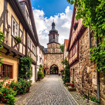 Historic European street leading to ancient stone gate tower