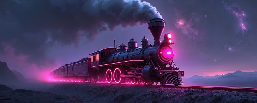 Vintage steam train with neon pink lights moves through dark cosmic landscape with stars and nebulae. Smoke billows from smokestack. Train travels on tracks through mystical starry night sky.