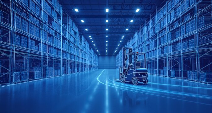 Distant forklift turning around corner in long corridor of logistical warehouse. The style of the blue print drawing is future, in blue colors.
