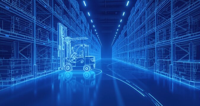 Distant forklift turning around corner in long corridor of logistical warehouse. The style of the blue print drawing is future, in blue colors.
