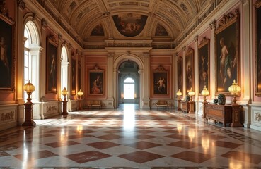 Obraz premium Grand hall features checkered marble floor paintings on walls, high ornate ceiling, large arched windows. Architectural interior evokes classic art gallery ambiance. Empty space suggests potential