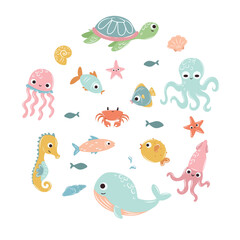 Obraz premium Circular nautical nursery wreath with cute marine animals for stickers