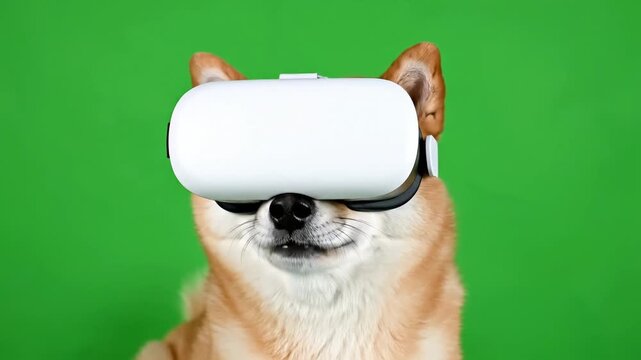 A cute Shiba Inu dog wearing a white virtual reality headset against a green screen background.