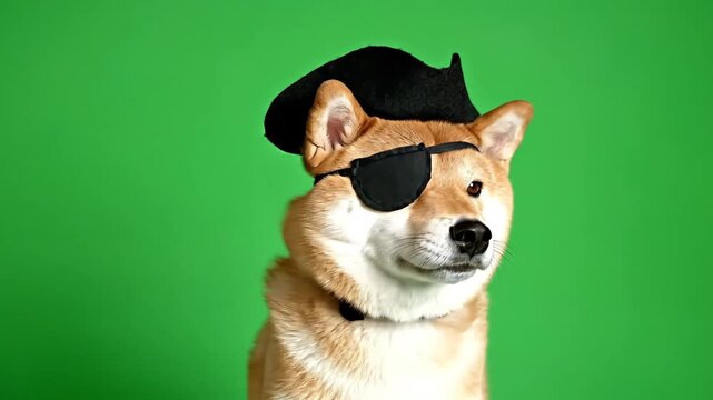 A cute Shiba Inu dog dressed as a pirate, wearing a black hat and eye patch, posing in front of a green screen.