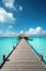 Fototapeta premium Wooden pier leads to thatched hut over clear turquoise ocean water. Sailboats float on calm sea under blue sky with white clouds. Tropical island paradise destination.