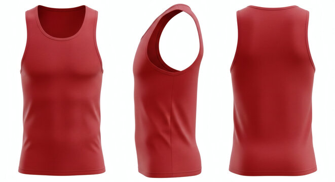 Plain red sleeveless tank top mockup template provides multiple views including front, side, and back, ideal for showcasing apparel, casual wear, fitness clothing, and customizable sportswear designs