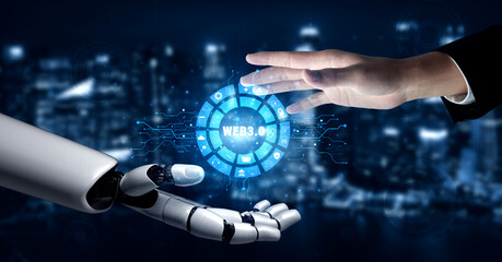 AI integration in the Web 3.0 technology ecosystem and its digital applications. An interface showcasing AI in the next generation internet. Motif