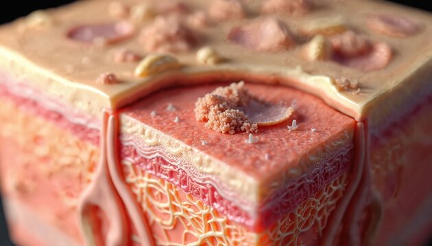 Cross-section of human skin. Shows epidermis with dead cells and dermis layer with collagen and elastin fibers. Illustrates skin texture and structure for medical or cosmetic purposes.