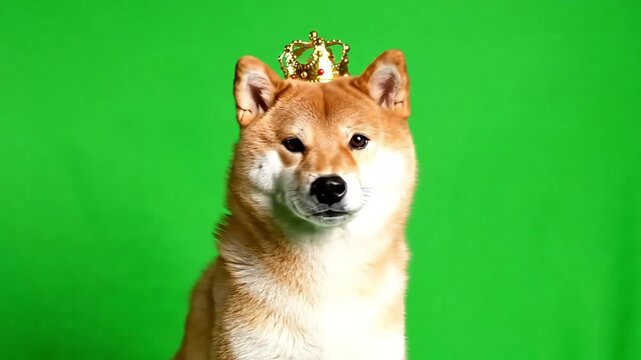 A cute Shiba Inu dog wearing a small golden crown against a vibrant green screen background, looking directly at the viewer.