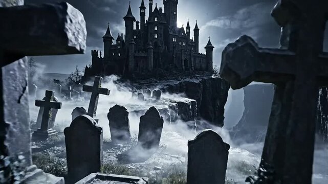 Gothic castle on cliff with eerie graveyard at night, spooky foggy cemetery landscape, halloween horror background