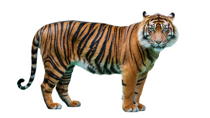 Obraz premium Isolated majestic tiger standing, full body profile of powerful big cat looking at camera