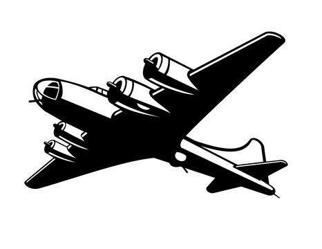 Retro logo style illustration of a B-17 Flying Fortress, an American four-engined heavy bomber aircraft flown during World War II, in full flight done in black and white on isolated background.