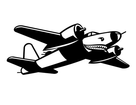 Retro logo style illustration of a B-26 Marauder, an American twin-engined medium bomber flown during World War II, in full flight done in black and white on isolated background.