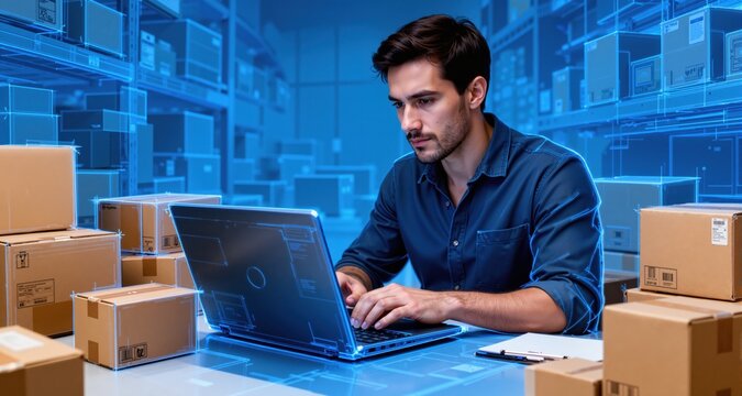 Small business owner working on a laptop amidst parcel boxes. The style of the blue print drawing is future, in blue colors.

