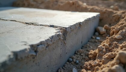 Fototapeta premium Rough concrete slab edge with exposed aggregate and soil detail. Foundation work for new building construction project. Raw material texture and unfinished surface.