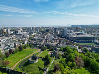 Aerial shot of Cardiff, Cardiff Castle and bute park © Kit Photography UK