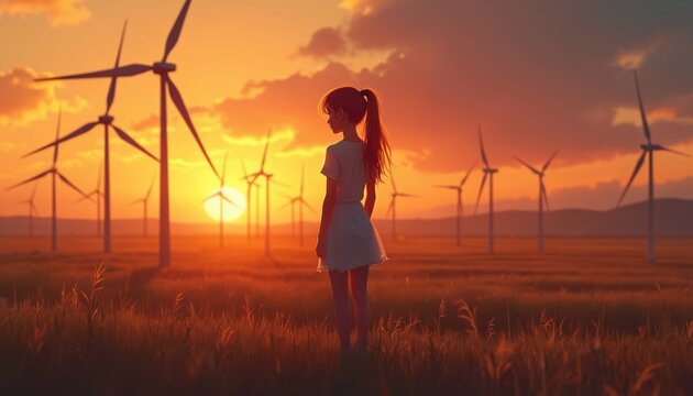 Girl stands in a field of wind turbines at sunset. Orange sky with clouds behind the silhouettes of windmills. Tall grass in foreground, focus on distant energy landscape.