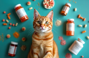 Obraz premium Orange cat sits among pet medications, vitamins, and supplements. Veterinary care theme, with bottles and pills scattered on teal background. Animal health and wellness.
