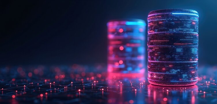 Abstract glowing servers or data stacks, digital information streams, neon light, cyber network, data center, futuristic technology concept.