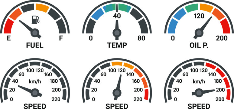 dashboard gauge icon set with speedometer fuel and temperature indicators on transparent background