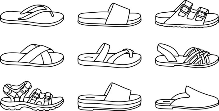 sandals footwear icon set with different summer slipper styles on transparent background