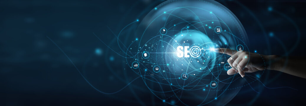 Digital marketer Touching SEO analytics screen. Search engine optimization improves website visibility, traffic, and rankings on search engines.