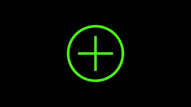 Green plus sign animation with circular loading effect and radiant sun rays on black background. Symbol for health, medical, or charging.