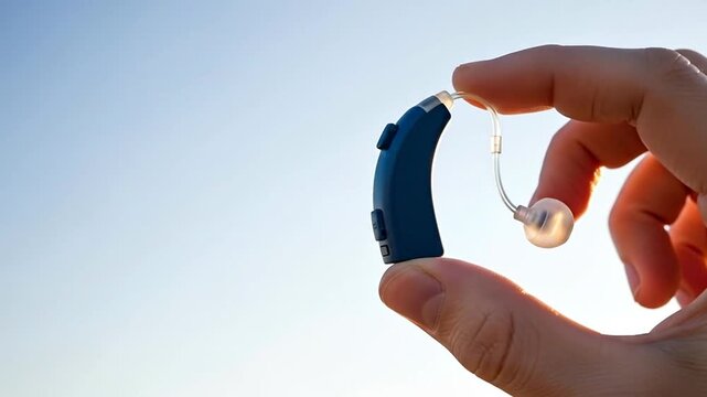 Hearing Aid Device: A close-up shot of a human hand delicately holding a cutting-edge hearing aid, symbolizing technological advancement and assistance for auditory health. 