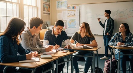 Obraz premium a group of students sitting at desks in a classroom with a teacher students sitting classroom settin