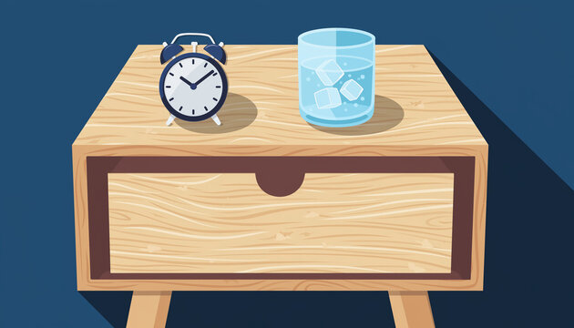 Minimalist bedside table with clock and glass of water.