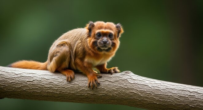 A titi monkey sitting on a tree branch looking at the camera with a blurred green background and bro