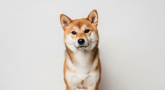 A Shiba Inu dog sitting on a plain white background looking forward adorable dog animal portrait bac