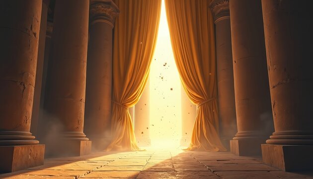 Golden curtains part revealing bright divine light within ancient temple. Torn veil symbolizes access to gods presence. Prophecy fulfilled. Christian religious event.