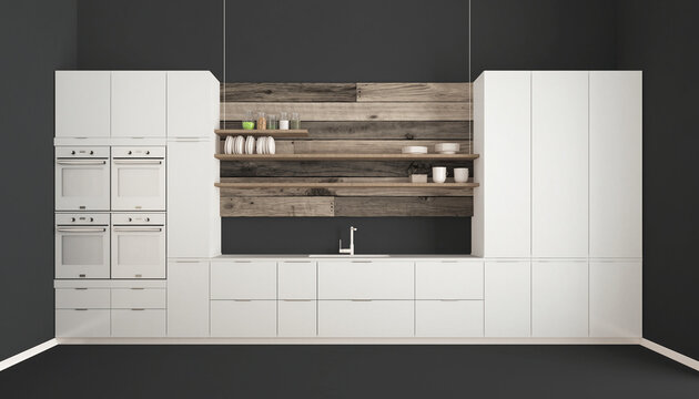 Minimalist White Kitchen with Open Wood Shelves and Dark Walls.