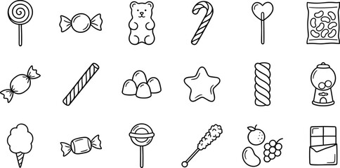 assorted candy and sweets icon set with different dessert treats on transparent background