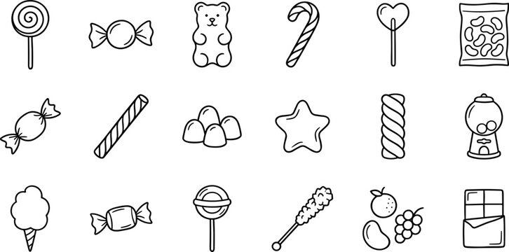 assorted candy and sweets icon set with different dessert treats on transparent background