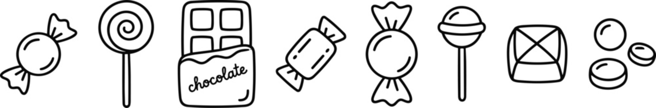 candy and chocolate sweets icon set with various confectionery treats on transparent background