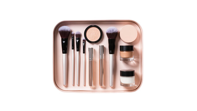 Isolated professional makeup brush set with cosmetic powders and cream in beauty tray