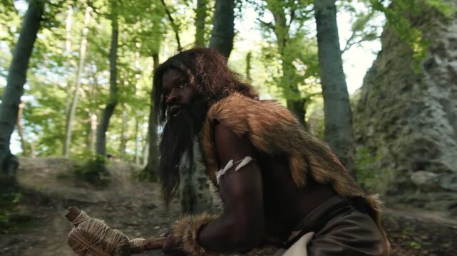 A vivid Prehistoric Scene featuring a fierce Tribal Warrior immersed in a rich Natural Setting