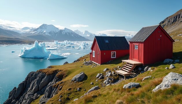 Two red houses stand on green hill overlooking bay filled with icebergs, snow capped mountains. Sun shines brightly on calm arctic landscape. Remote village visually striking with vibrant colors.