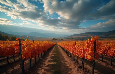 Naklejka premium Rows of orange leaf grape vines stretch towards distant hills under a dramatic sky. Autumn harvest season approaches in a picturesque rural countryside vineyard landscape.