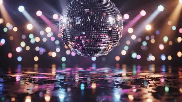 This captures a dynamic disco scene with a spinning disco ball under flashing lights, creating a lively ambiance perfect for parties and celebrations.