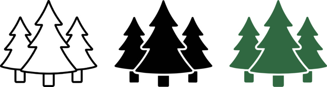 pine tree forest icon set with outline solid and color styles on transparent background