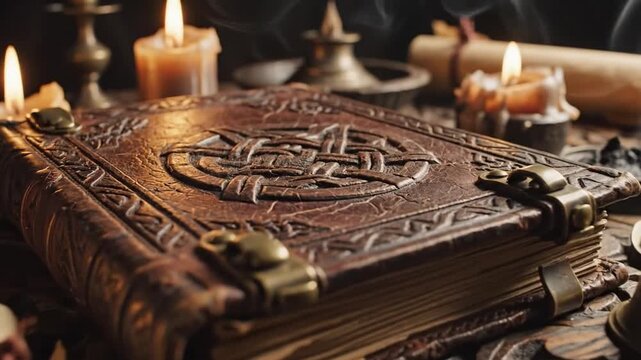 Old leather bound book with a mystical symbol on its cover resting on an antique carved table, surrounded by burning candles, ancient scrolls, and mysterious occult objects