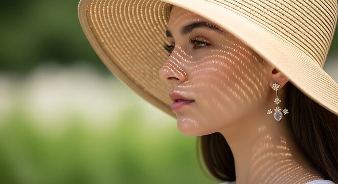 Woman Wearing Straw Sun Hat Outdoors.