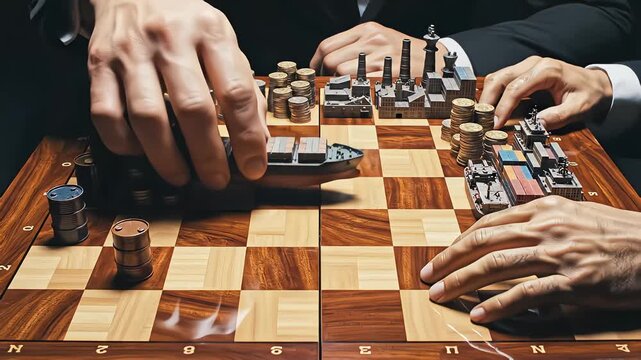 Business executives playing a strategic board game using cargo ships coins oil barrels and miniature factories on a chessboard