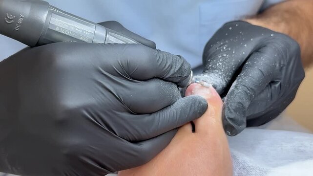 Close up of toenail treatment during pedicure procedure with gloved hands