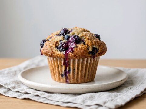 single fresh blueberry muffin with crumb topping and berry juice drizzle on a plate for breakfast