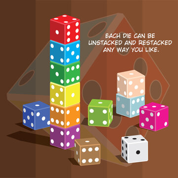 Cartoon dice in playful stacks and scattered layout, each with bold colors and soft shading. Modular design lets you rearrange them freely, adding whimsy and interaction. 
