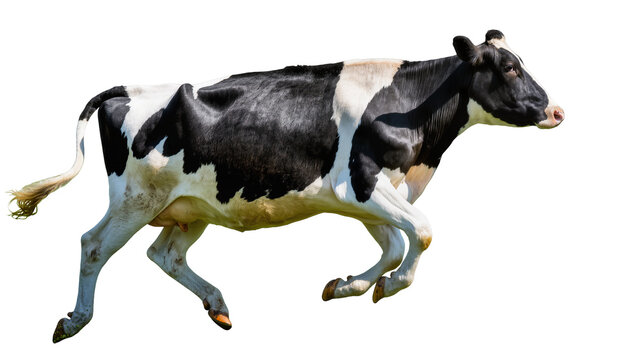 Isolated beautiful black and white Holstein cow running and jumping across the frame